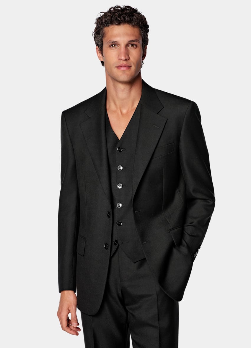 SUITSUPPLY All Season Wool Mohair by Rogna, Italy Black Relaxed Fit Roma Suit