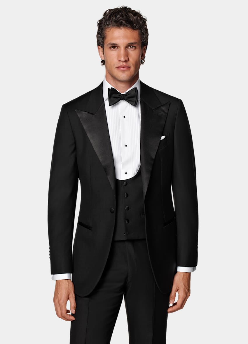 SUITSUPPLY All Season Pure S110's Wool by Vitale Barberis Canonico, Italy Black Three-Piece Tailored Fit Havana Tuxedo
