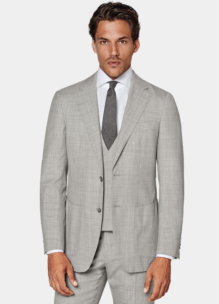 SUITSUPPLY All Season Pure Tropical Wool S120's by Vitale Barberis Canonico, Italy Light Grey Three-Piece Tailored Fit Havana Suit