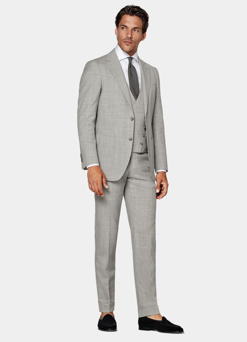 SUITSUPPLY Pure Tropical Wool S120's by Vitale Barberis Canonico, Italy  Light Grey Three-Piece Tailored Fit Havana Suit