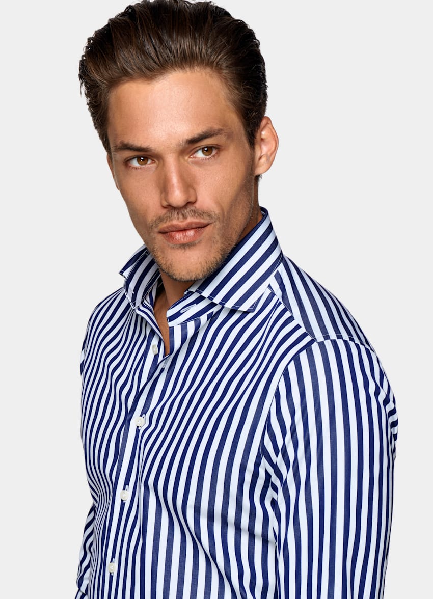 Navy Striped Twill Extra Slim Fit Shirt in Egyptian Cotton | SUITSUPPLY US
