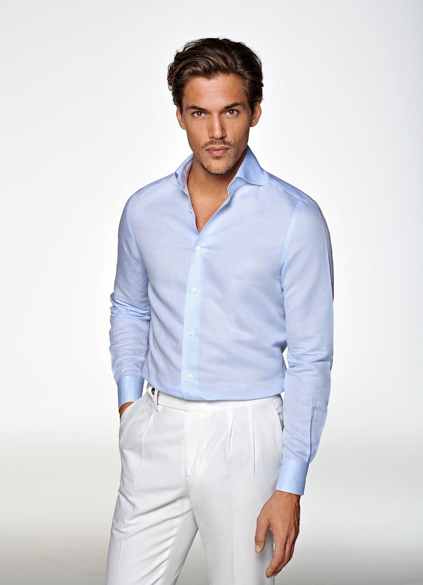 Light Blue Twill Extra Slim Fit Shirt in Linen Cotton | SUITSUPPLY Japan
