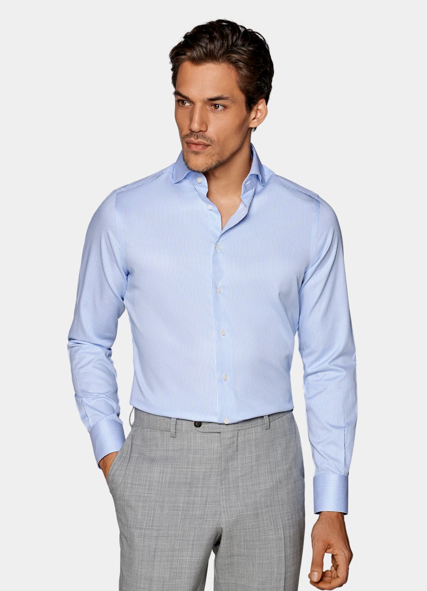 SUITSUPPLY Pure Cotton Traveller Mid Blue Striped Extra Slim Fit Shirt