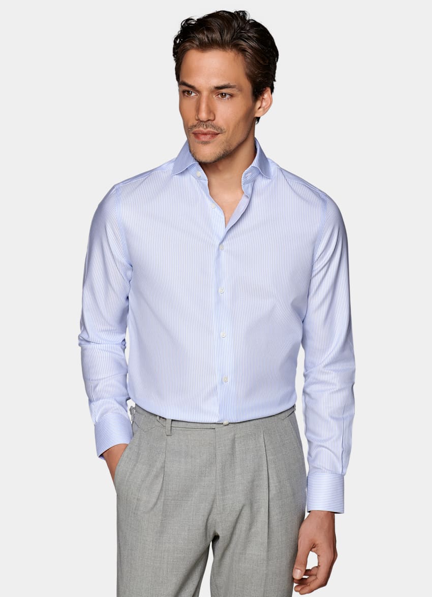 SUITSUPPLY Pure Cotton Traveller Light Blue Striped Royal Oxford Extra Slim Fit Shirt