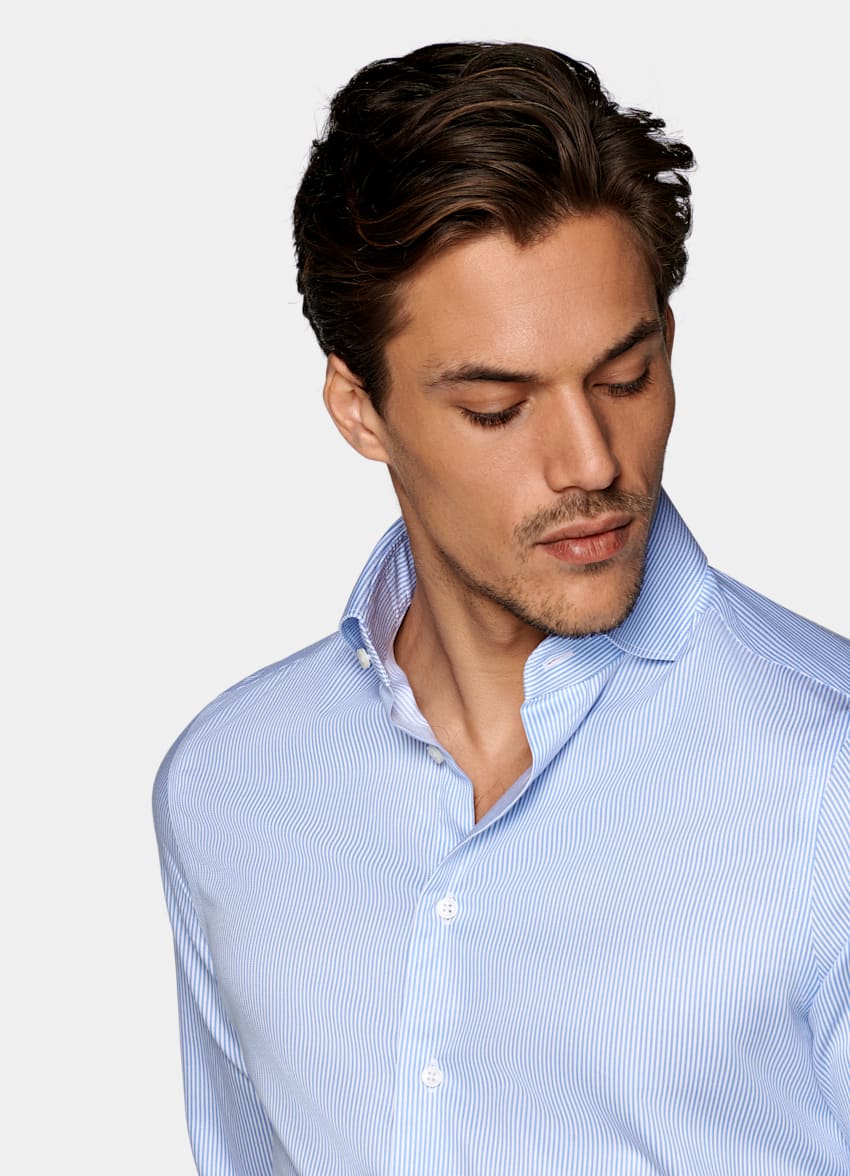 Mid Blue Striped Twill Extra Slim Fit Shirt | Pure Cotton Traveller ...