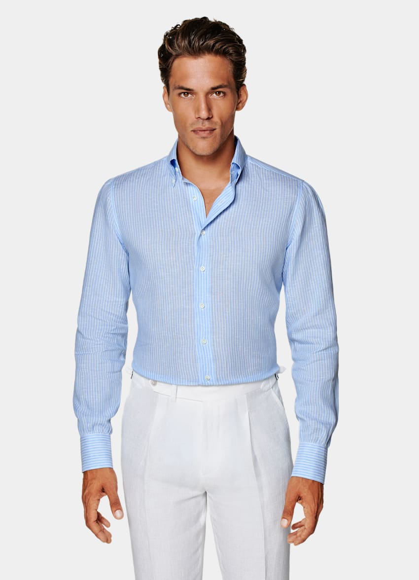 Light Blue Striped Custom Made Shirt in Pure Linen | SUITSUPPLY US