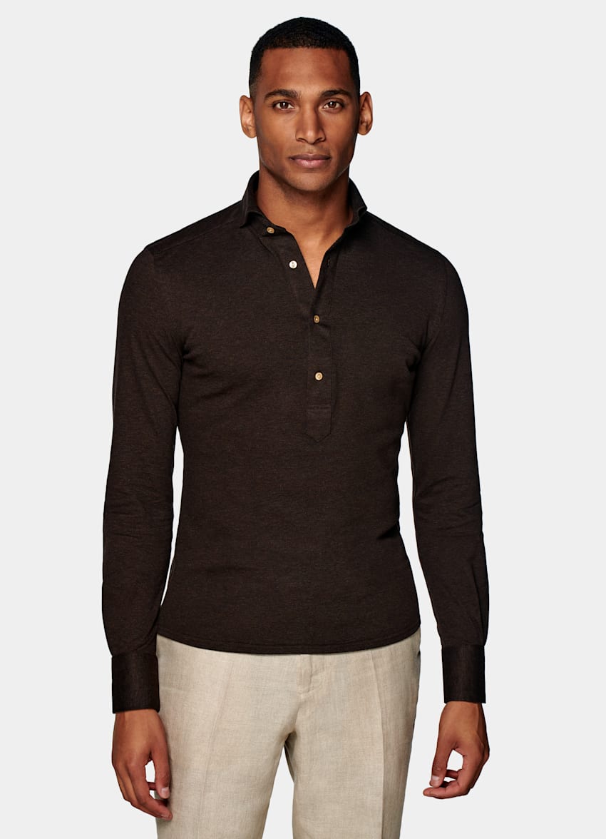 Brown Piqué Extra Slim Fit Popover in Knitted Egyptian Cotton ...