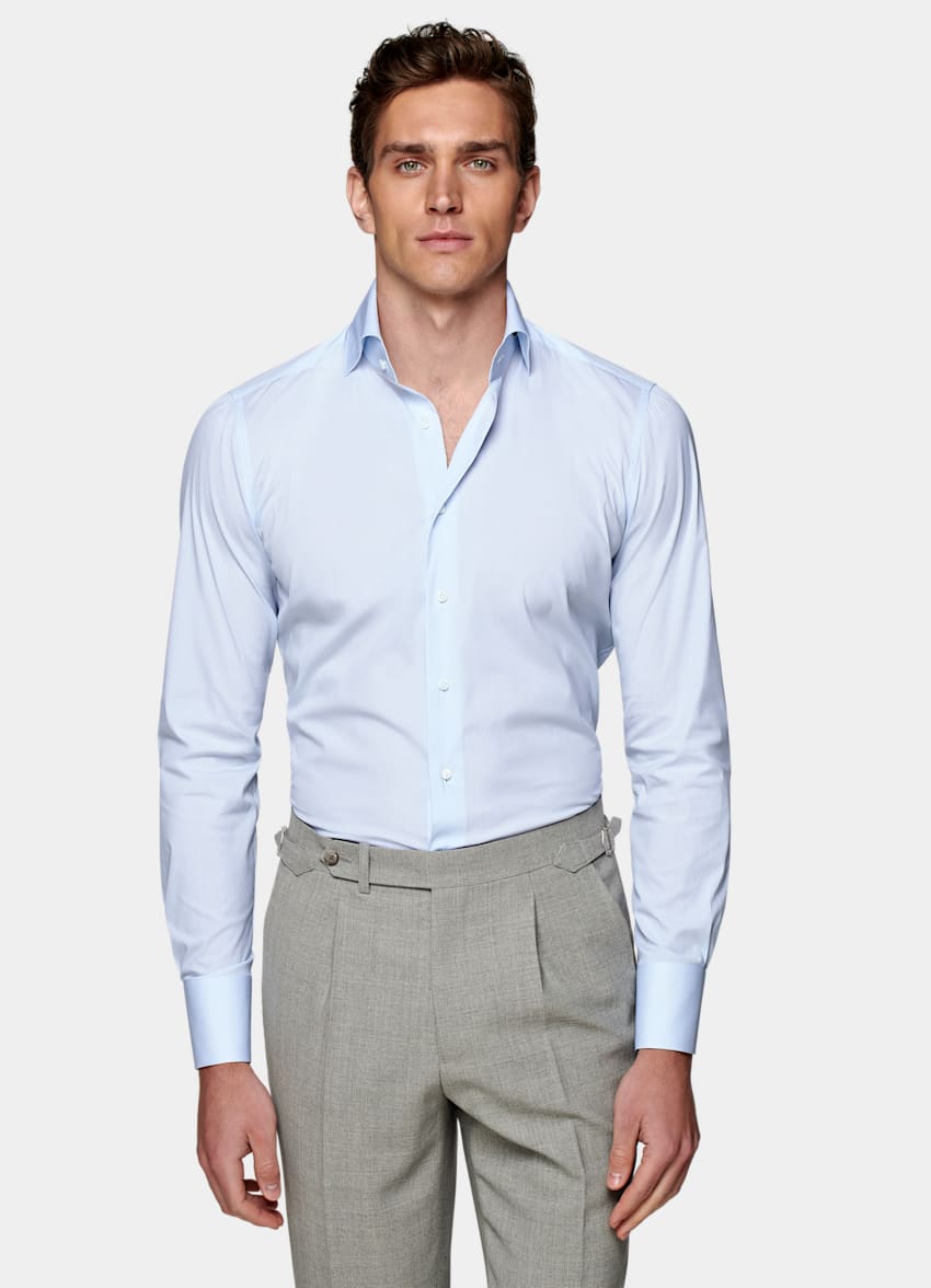 SUITSUPPLY Stretch Cotton Polyamide by Albini, Italy Light Blue Striped Poplin Extra Slim Fit Shirt