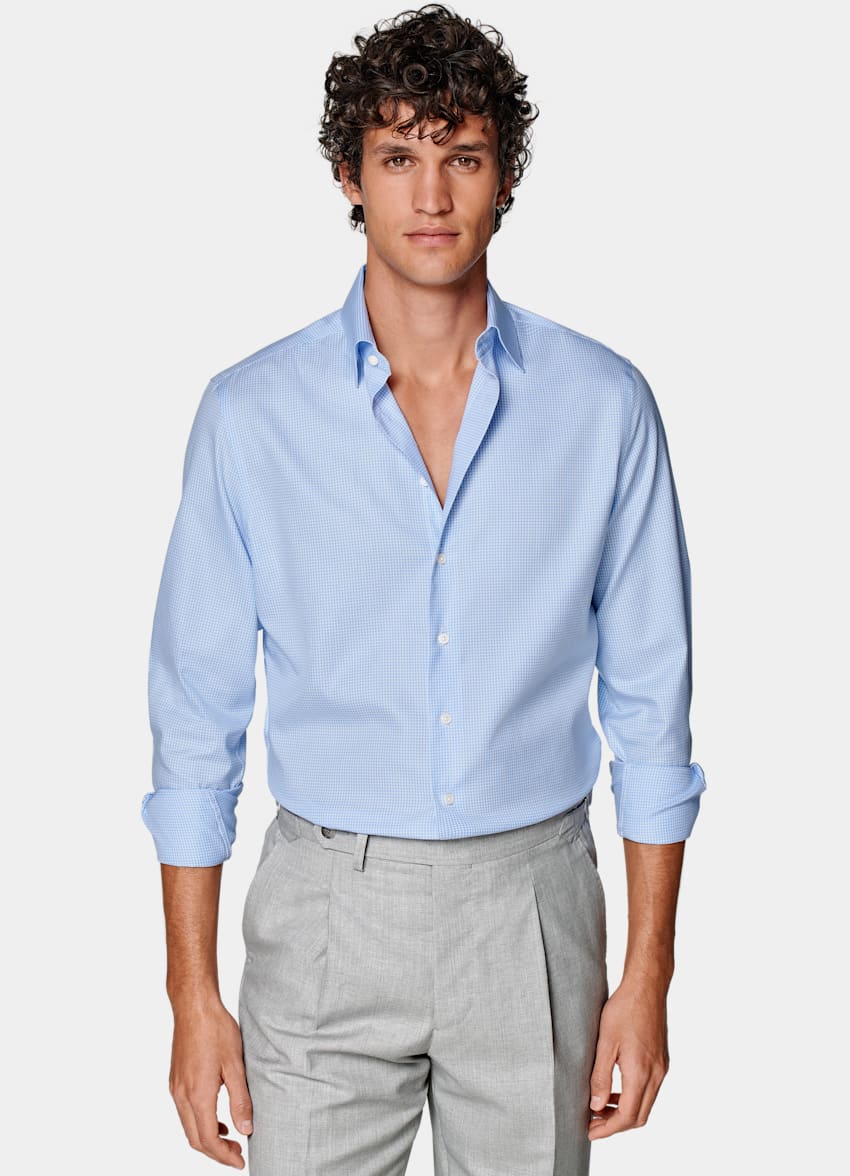 SUITSUPPLY Puro algodón Traveller Camisa de sarga azul claro a cuadros corte Slim