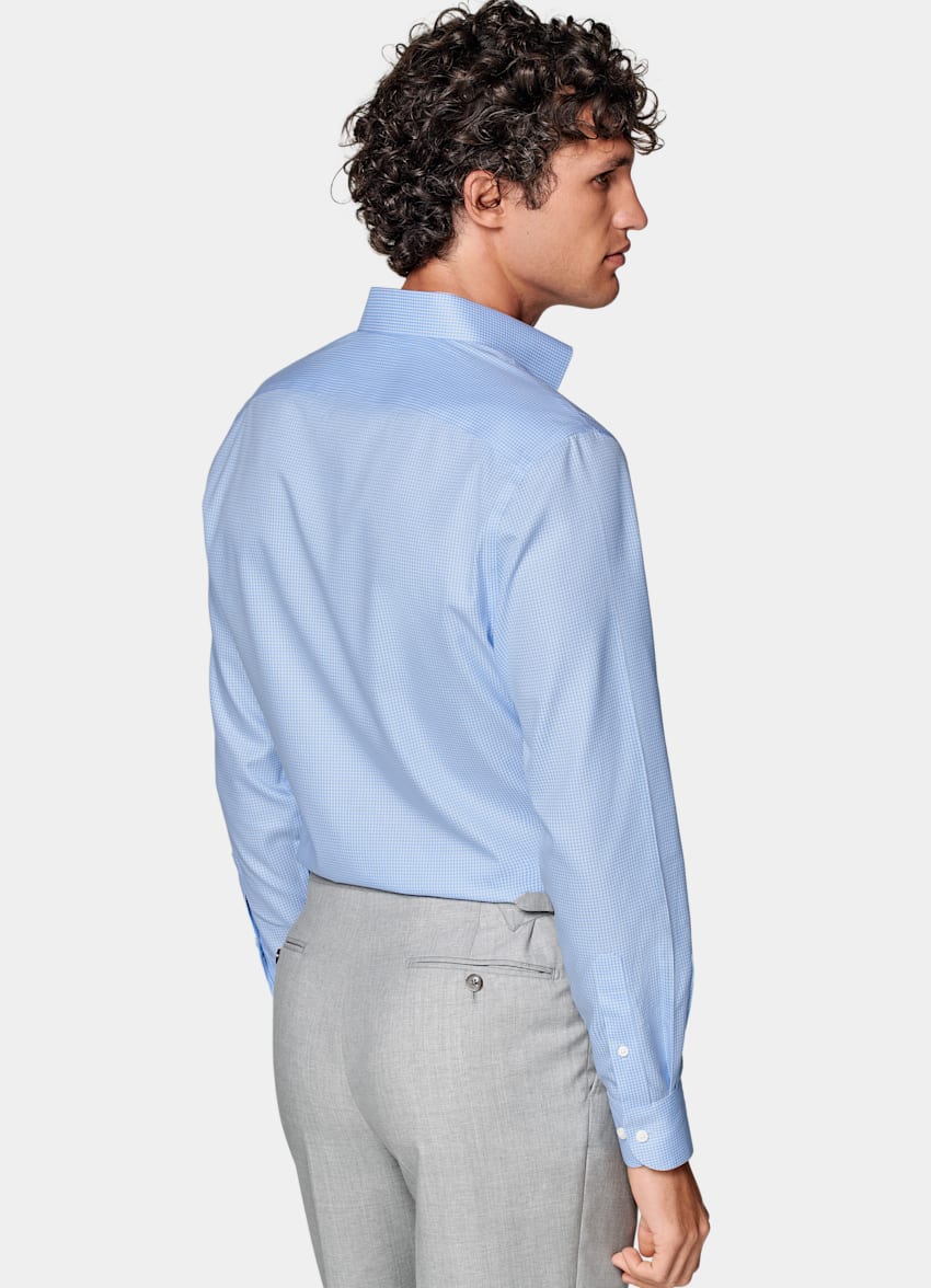 SUITSUPPLY Ren Traveller-bomull Rutig ljusblå twillskjorta med smal passform
