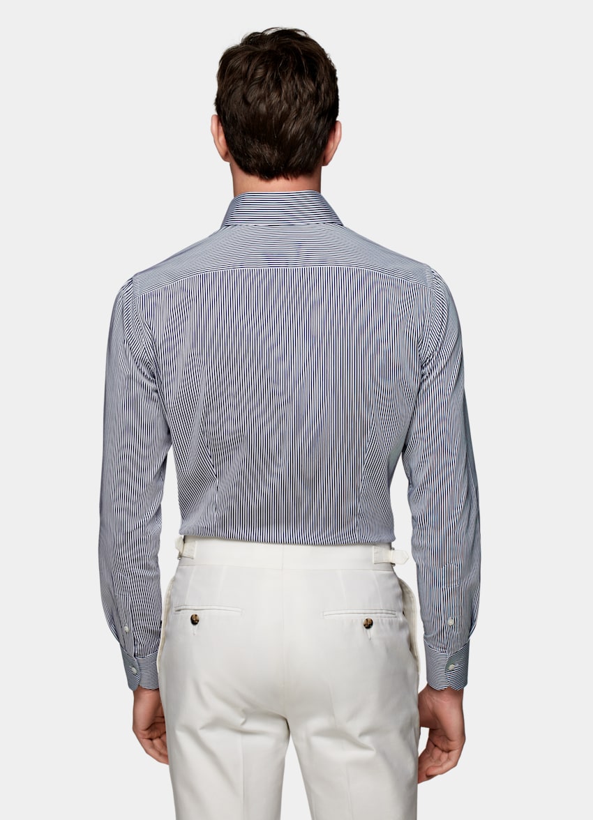Navy Striped Satin Extra Slim Fit Shirt in Stretch Cotton Polyamide ...