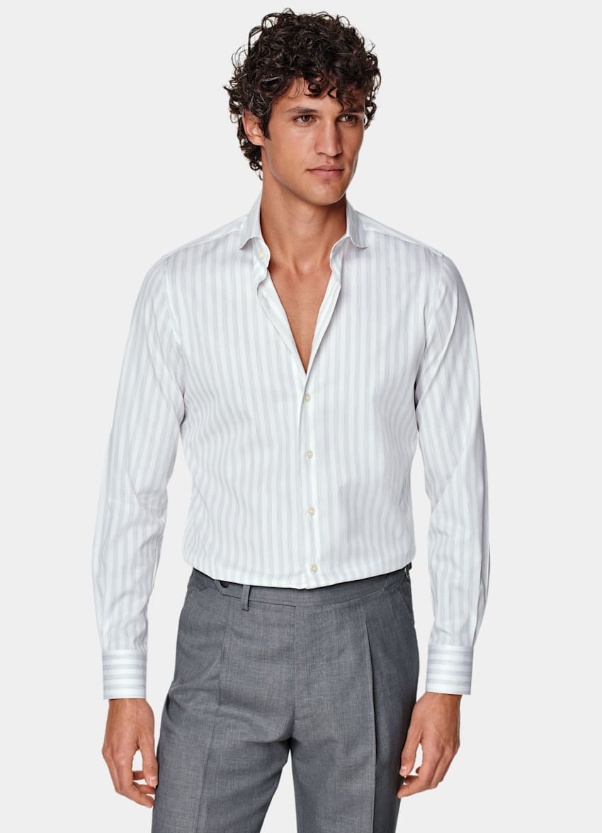 SUITSUPPLY Cotton Lyocell by Albini, Italy Light Grey Striped Twill Extra Slim Fit Shirt