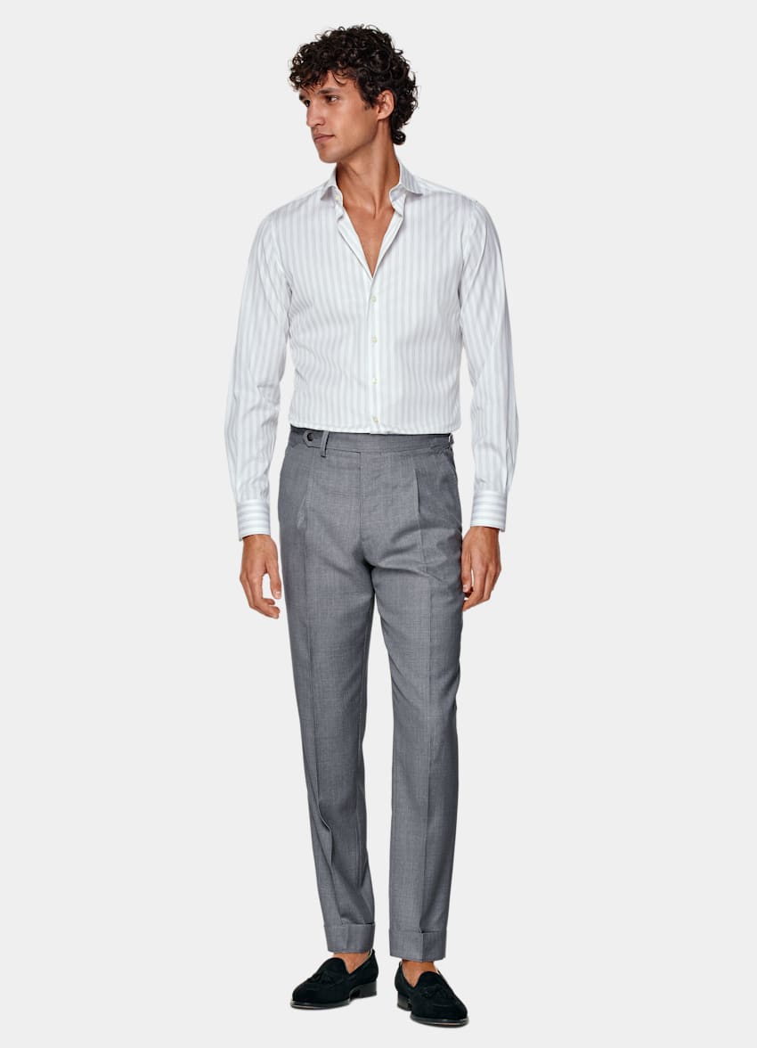 SUITSUPPLY Cotton Lyocell by Albini, Italy Light Grey Striped Twill Extra Slim Fit Shirt