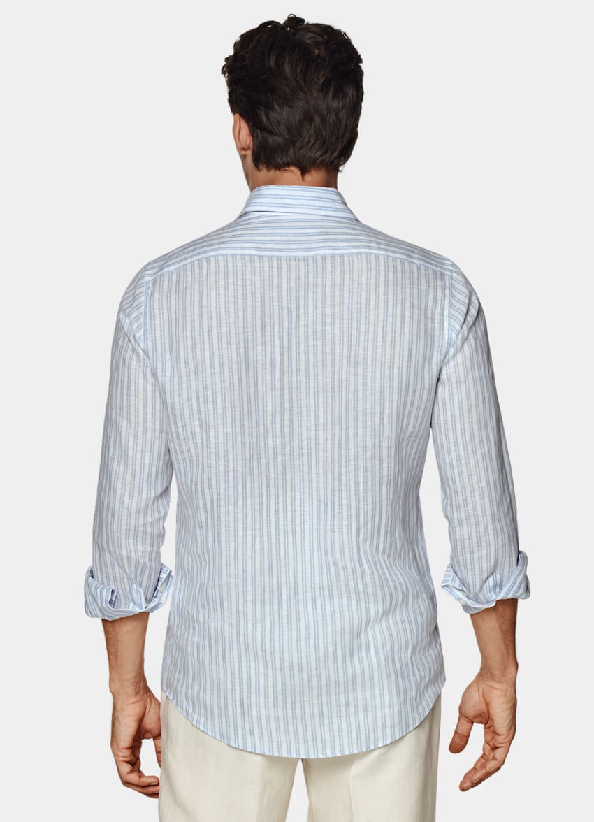 SUITSUPPLY Pure Linen by Albini, Italy Light Blue Striped Slim Fit Shirt