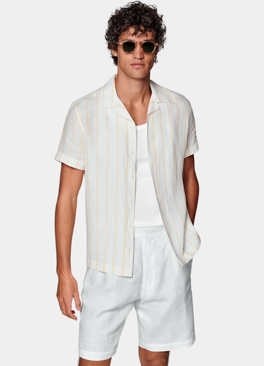 SUITSUPPLY Pure Linen by Drago, Italy Yellow Striped Camp Collar Slim Fit Shirt