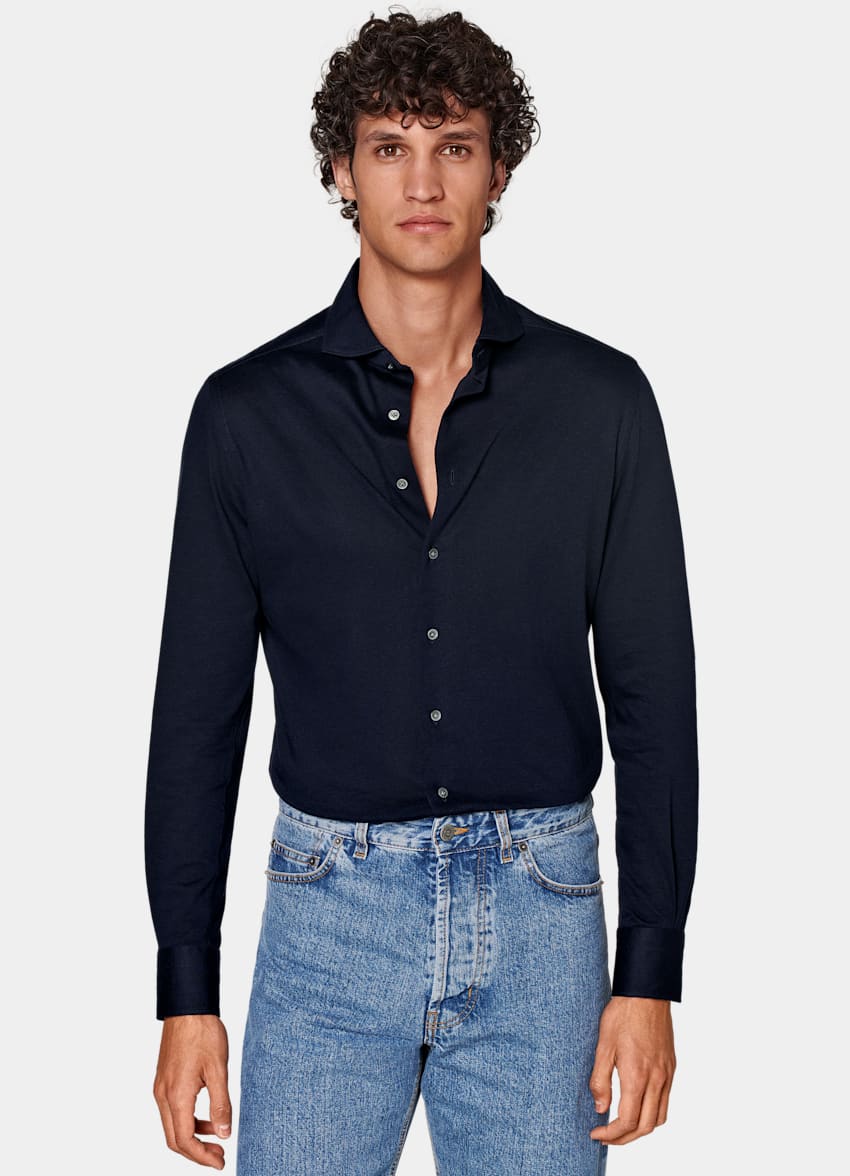 SUITSUPPLY Knitted Egyptian Cotton by Tessilmaglia, Italy Navy Extra Slim Fit Shirt