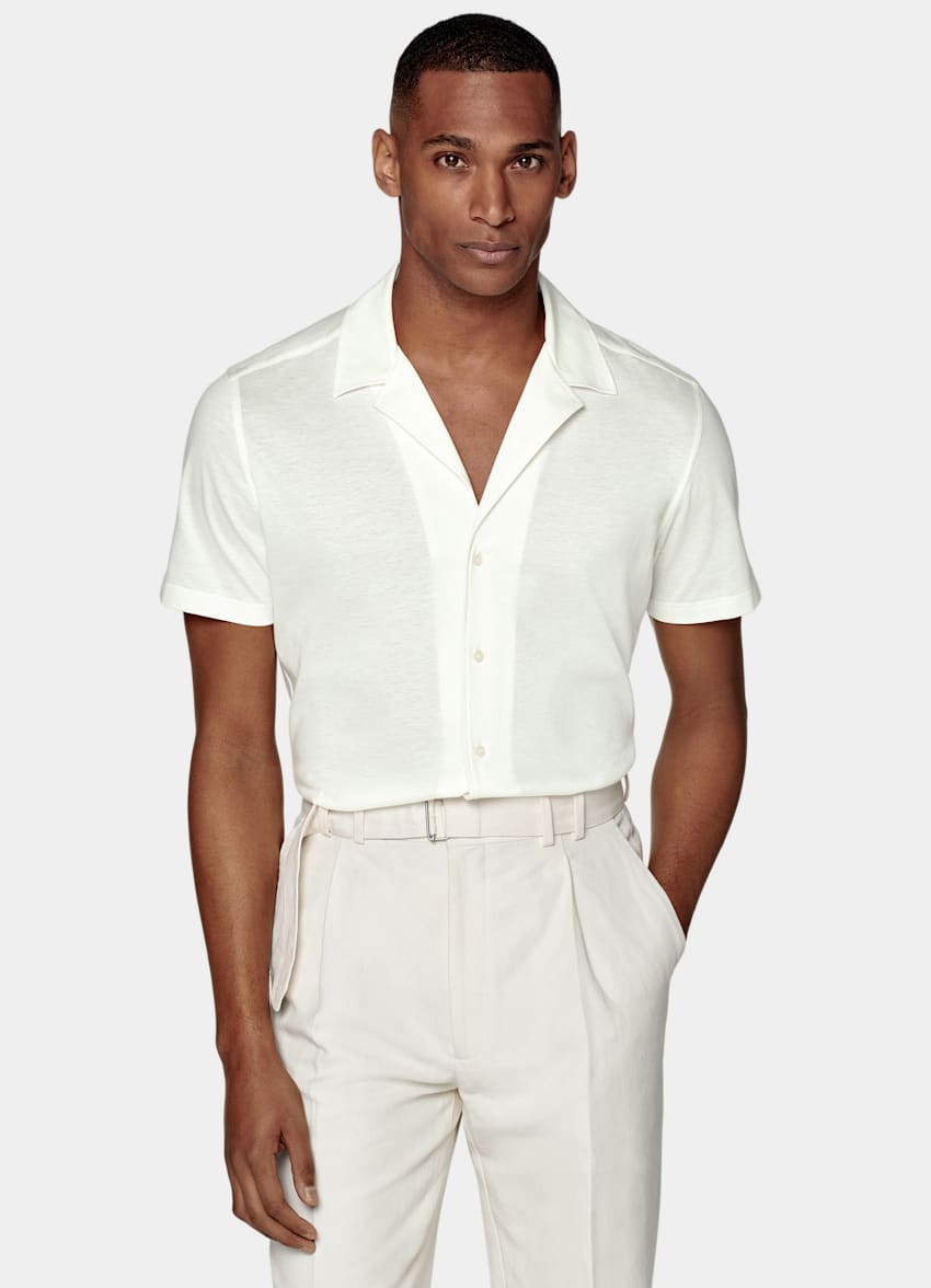 SUITSUPPLY Knitted Egyptian Cotton by Tessilmaglia, Italy Off-White Camp Collar Extra Slim Fit Shirt