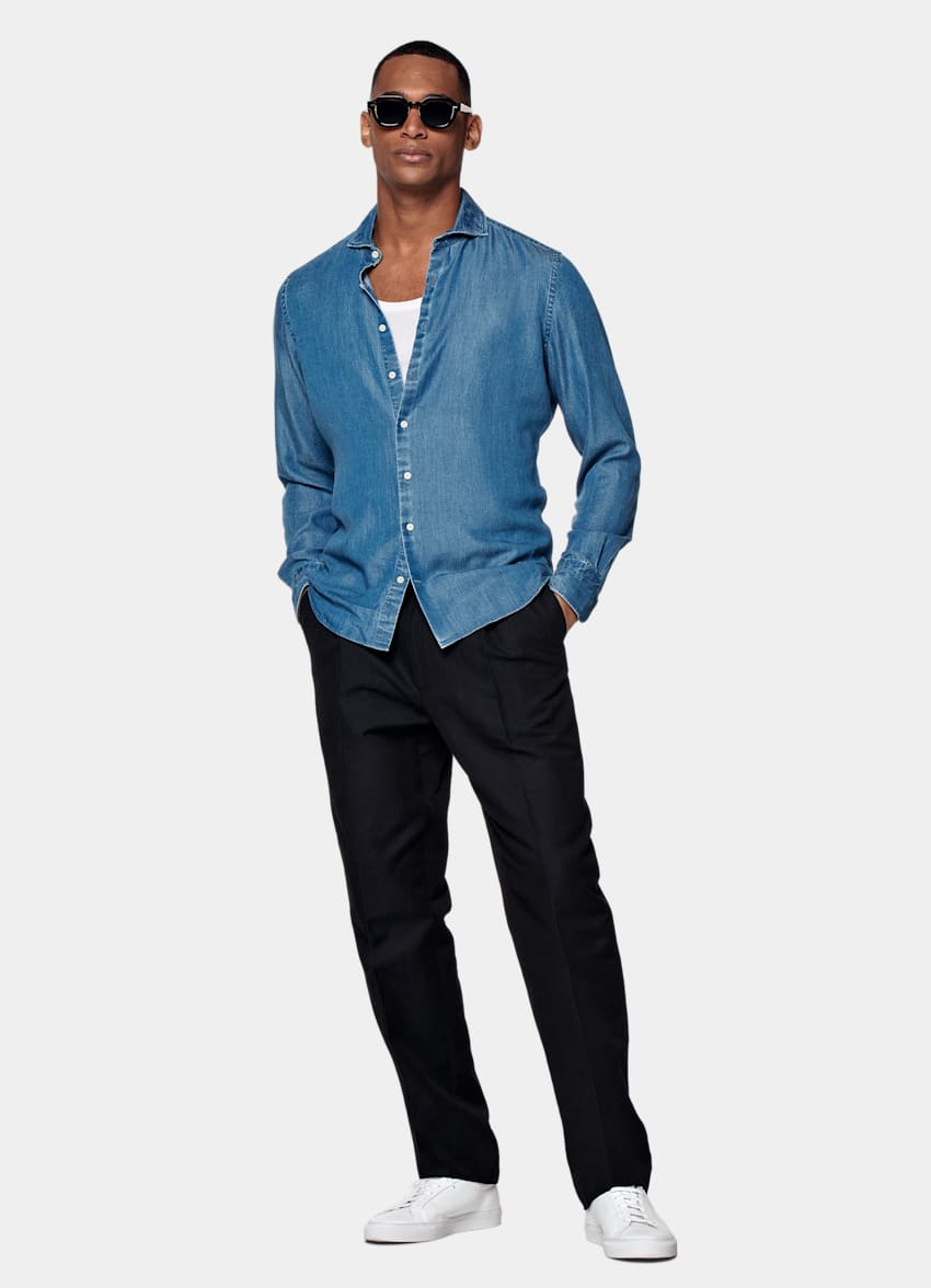 SUITSUPPLY Lyocell Denim by Albiate, Italy Blue Slim Fit Shirt