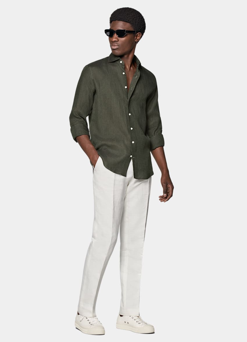 SUITSUPPLY Puro lino de Albini, Italia Camisa verde corte Slim