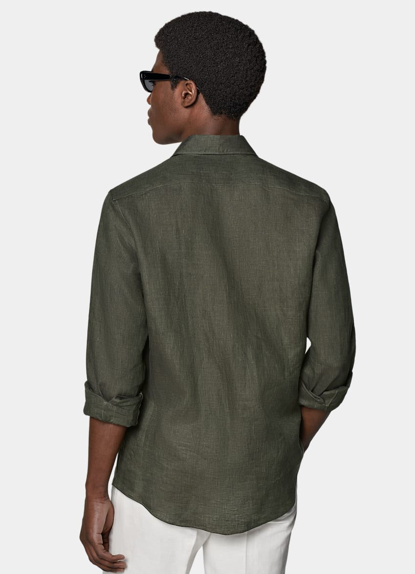 Green Striped Slim Fit Shirt in Pure Linen