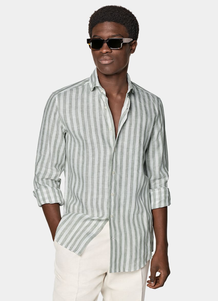 SUITSUPPLY Pure Linen by Albini, Italy Green Striped Slim Fit Shirt
