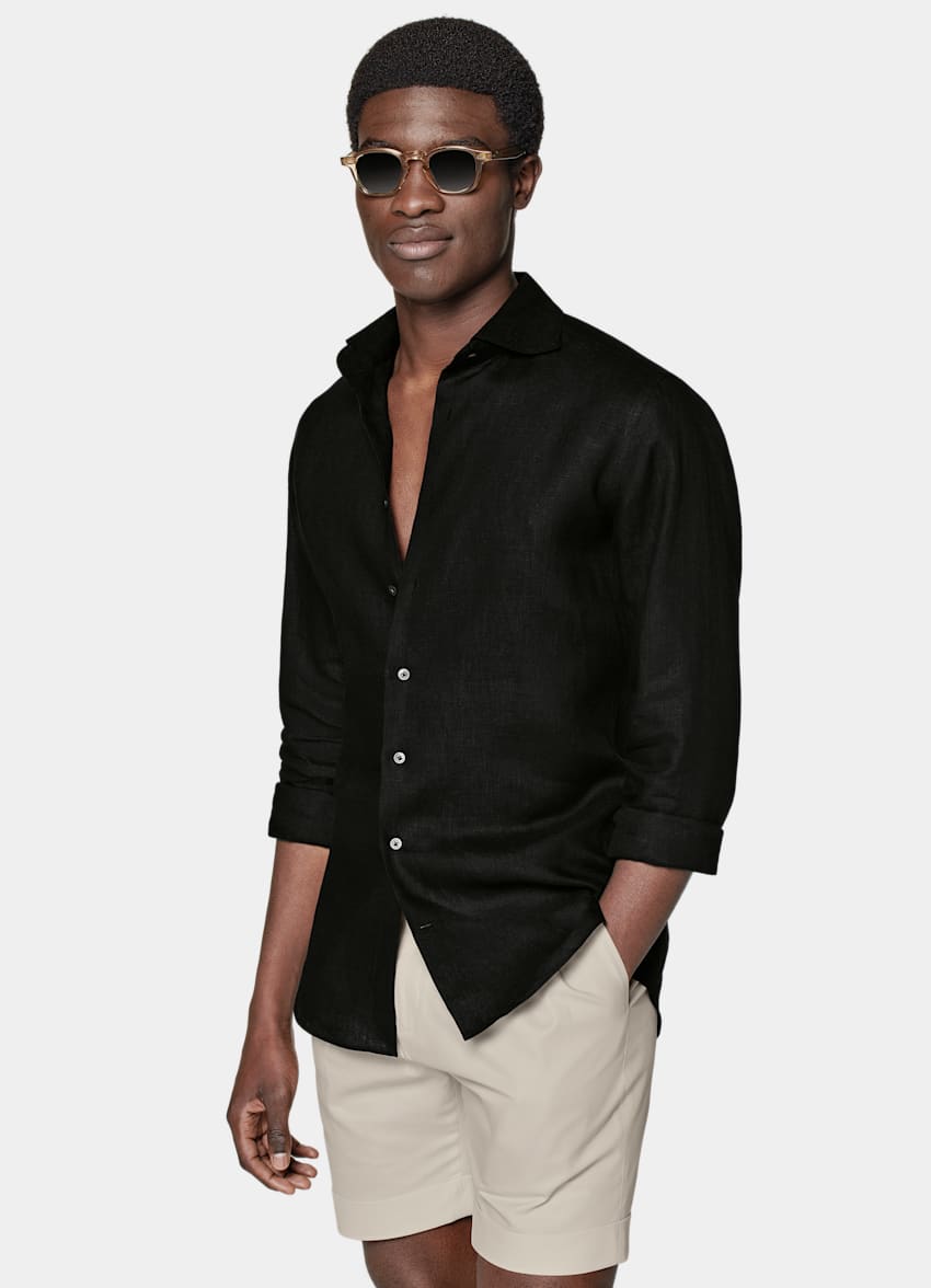 Black Slim Fit Shirt in Pure Linen | SUITSUPPLY US