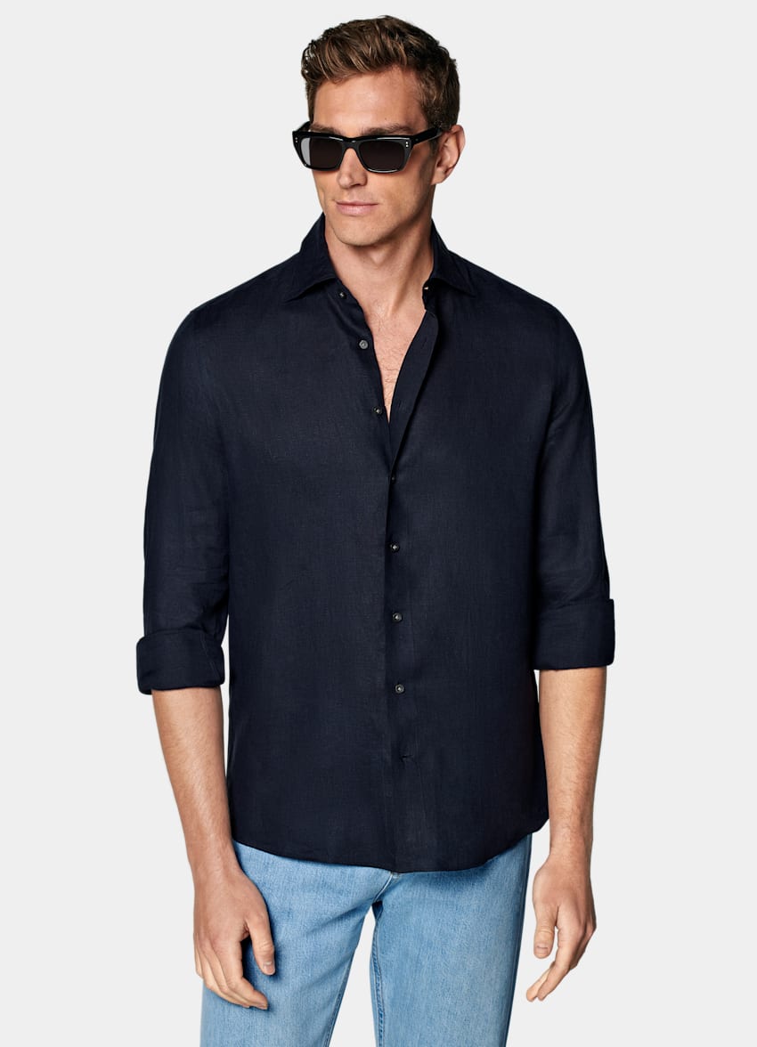 SUITSUPPLY Pure Linen by Albini, Italy Navy Slim Fit Shirt