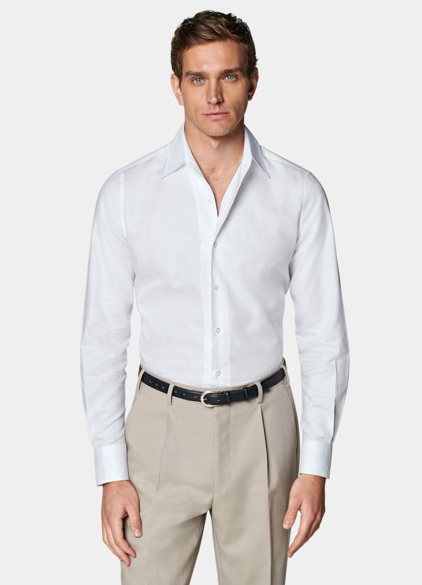 SUITSUPPLY Cotton Linen by Testa Spa, Italy White One Piece Collar Slim Fit Shirt