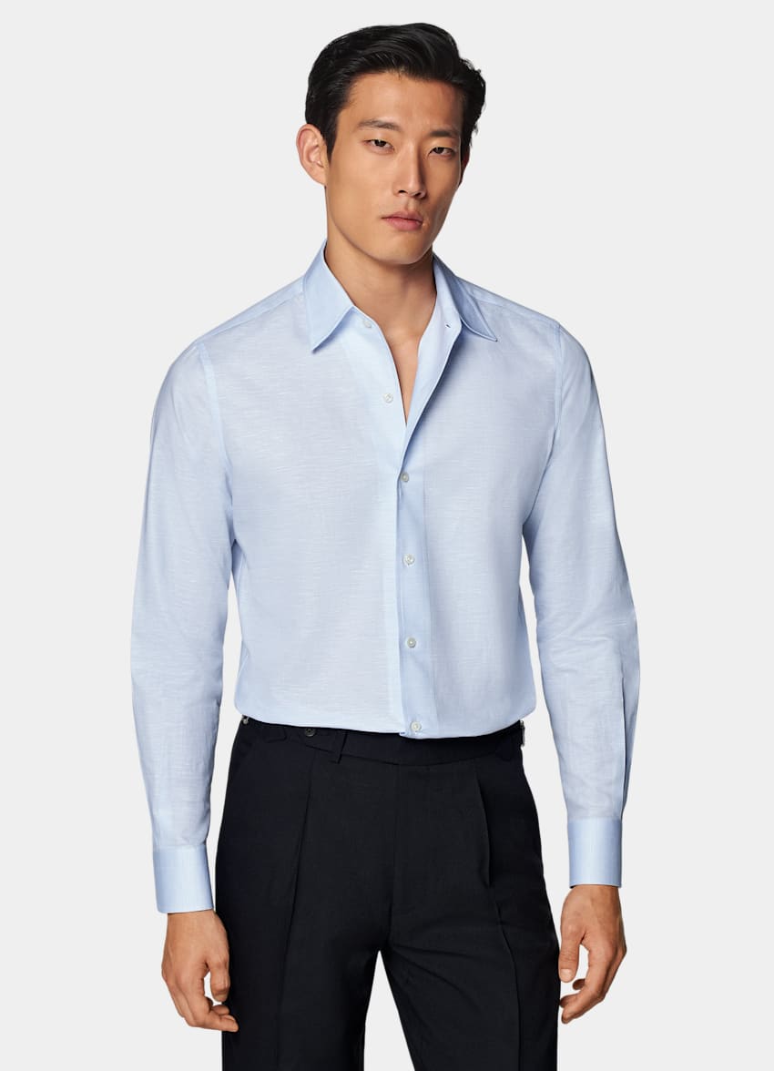 SUITSUPPLY Cotton Linen by Testa Spa, Italy Light Blue One Piece Collar Slim Fit Shirt