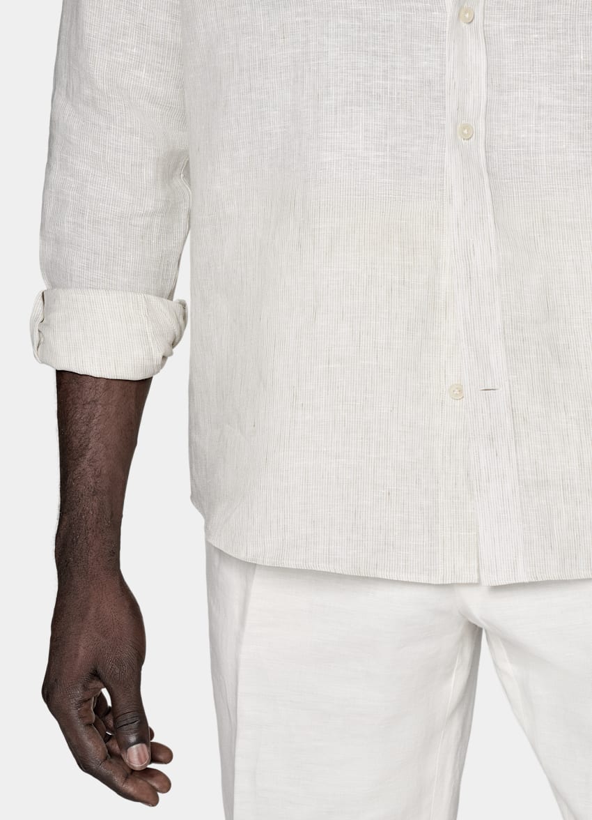 SUITSUPPLY Puro lino de Albini, Italia Camisa marrón claro a rayas corte Slim