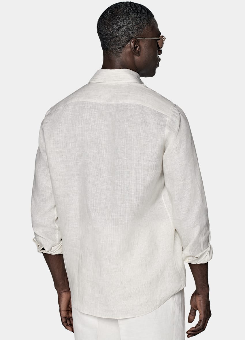 SUITSUPPLY 意大利 Albini 生产的亚麻面料 浅棕色条纹特别修身剪裁衬衫