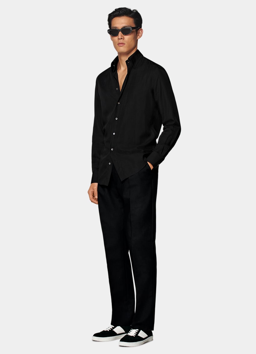 SUITSUPPLY Lyocell & Mulberry Silk by Albini, Italy Black Large Classic Collar Extra Slim Fit Shirt