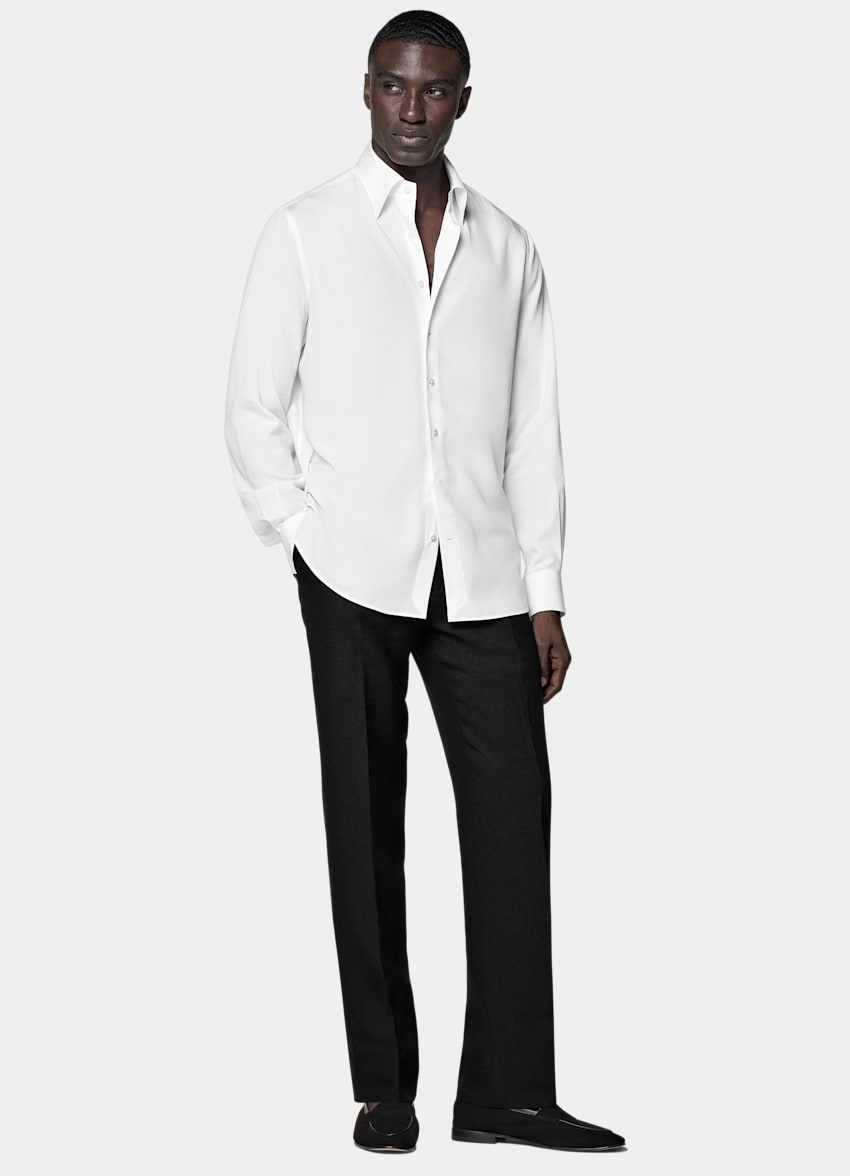White Large Classic Collar Slim Fit Shirt in Lyocell & Mulberry Silk ...