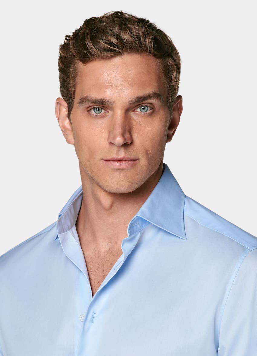 SUITSUPPLY Pima Cotton Traveller by Weba, Switzerland Light Blue Twill Tailored Fit Shirt