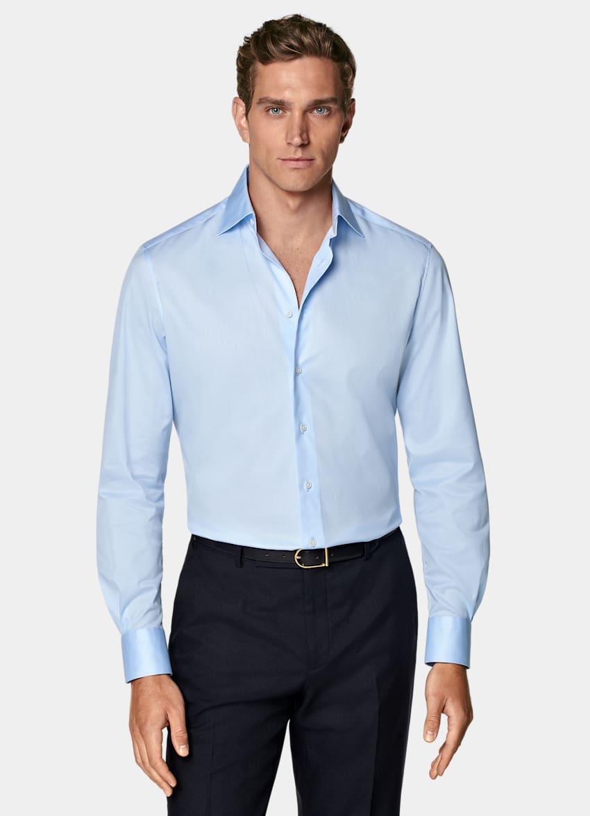 SUITSUPPLY Pima Cotton Traveller by Weba, Switzerland Light Blue Twill Tailored Fit Shirt