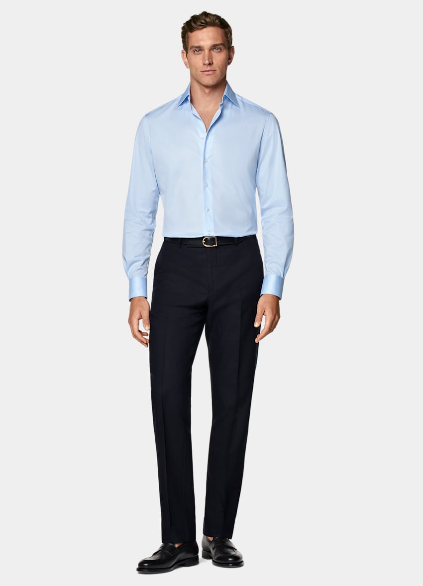 SUITSUPPLY Pima Cotton Traveller by Weba, Switzerland Light Blue Twill Tailored Fit Shirt