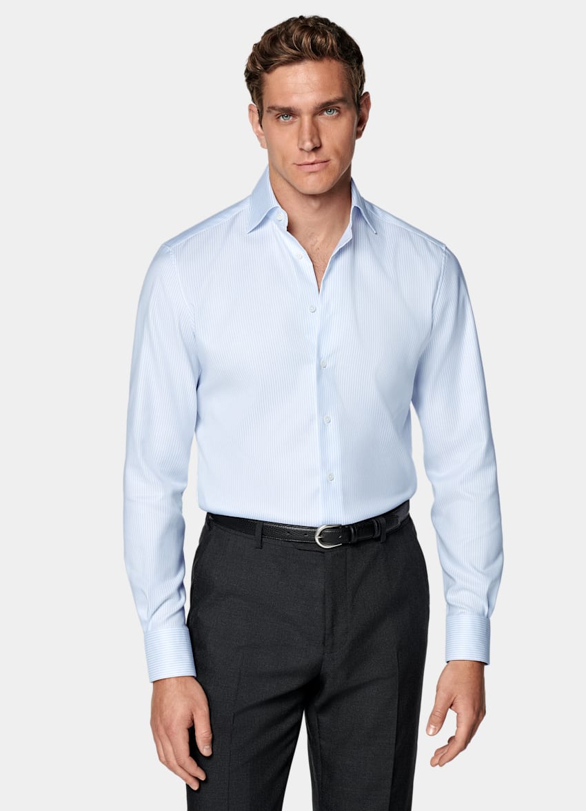 SUITSUPPLY Coton Pima sans repassage - Weba, Suisse Chemise &agrave; rayures bleu clair avec col ample