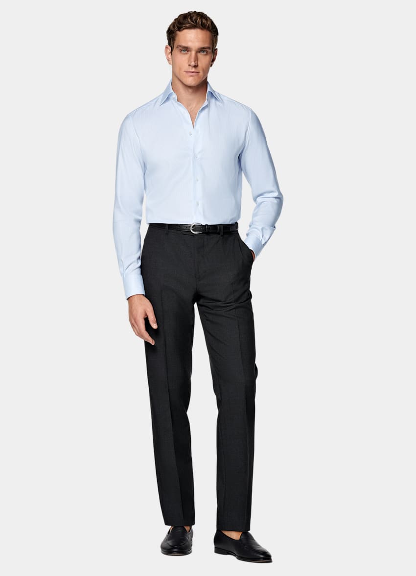 SUITSUPPLY Coton Pima sans repassage - Weba, Suisse Chemise &agrave; rayures bleu clair avec col ample