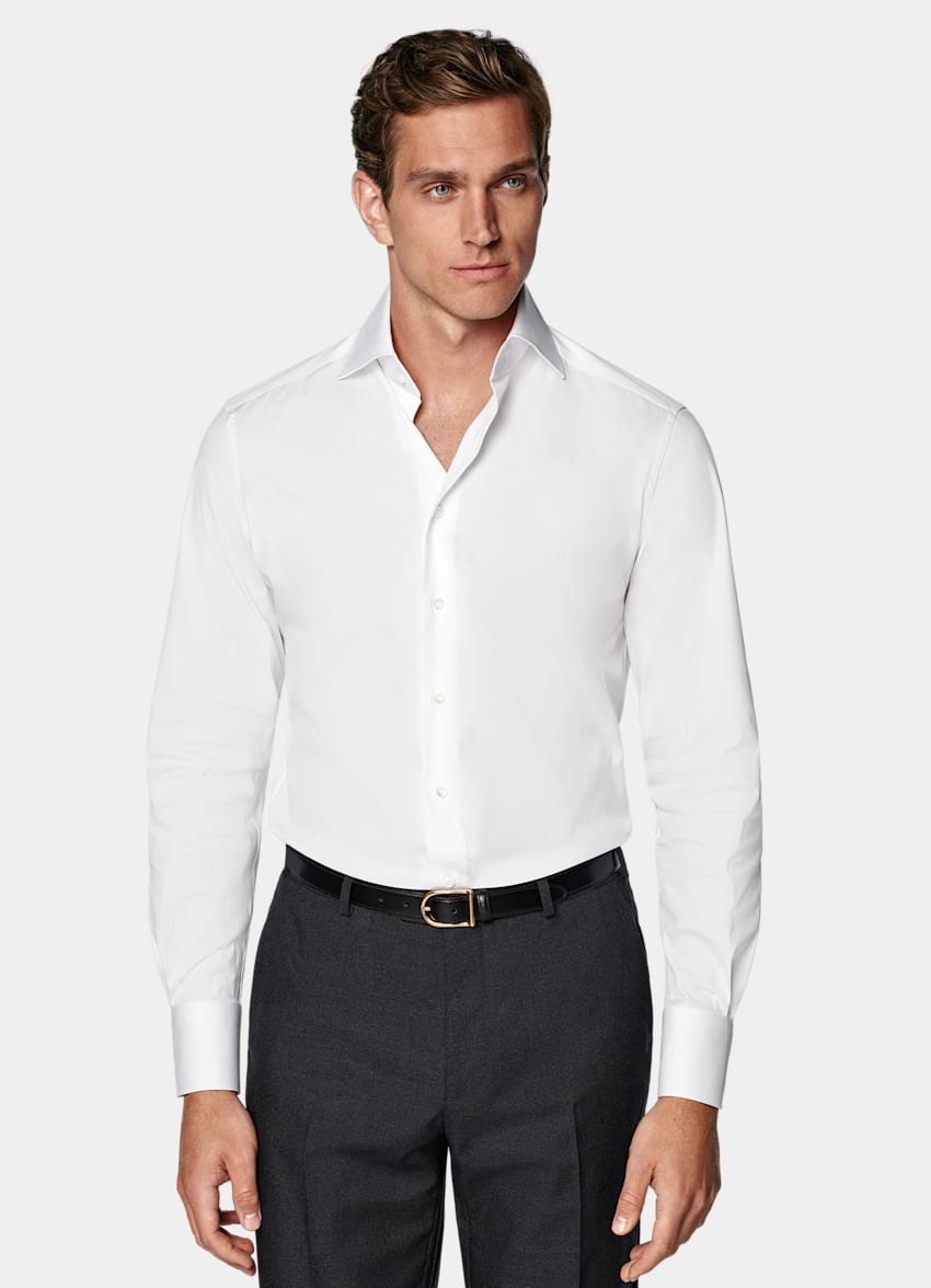 SUITSUPPLY Stretch Cotton Polyamide by Reggiani, Italy White Poplin Tailored Fit Shirt