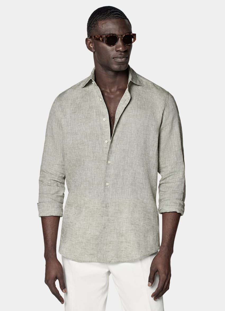 SUITSUPPLY Pure Linen by Albini, Italy Light Green Tailored Fit Shirt