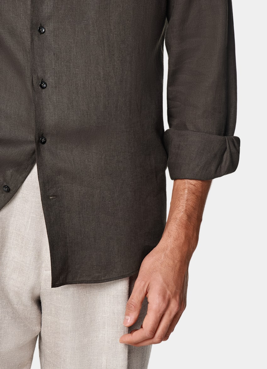 SUITSUPPLY Pure Linen by Albini, Italy Dark Brown Tailored Fit Shirt