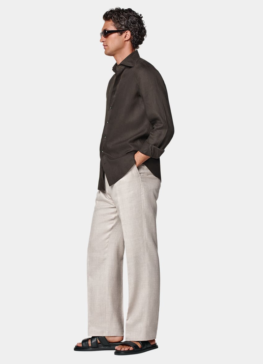 SUITSUPPLY Pure Linen by Albini, Italy Dark Brown Tailored Fit Shirt