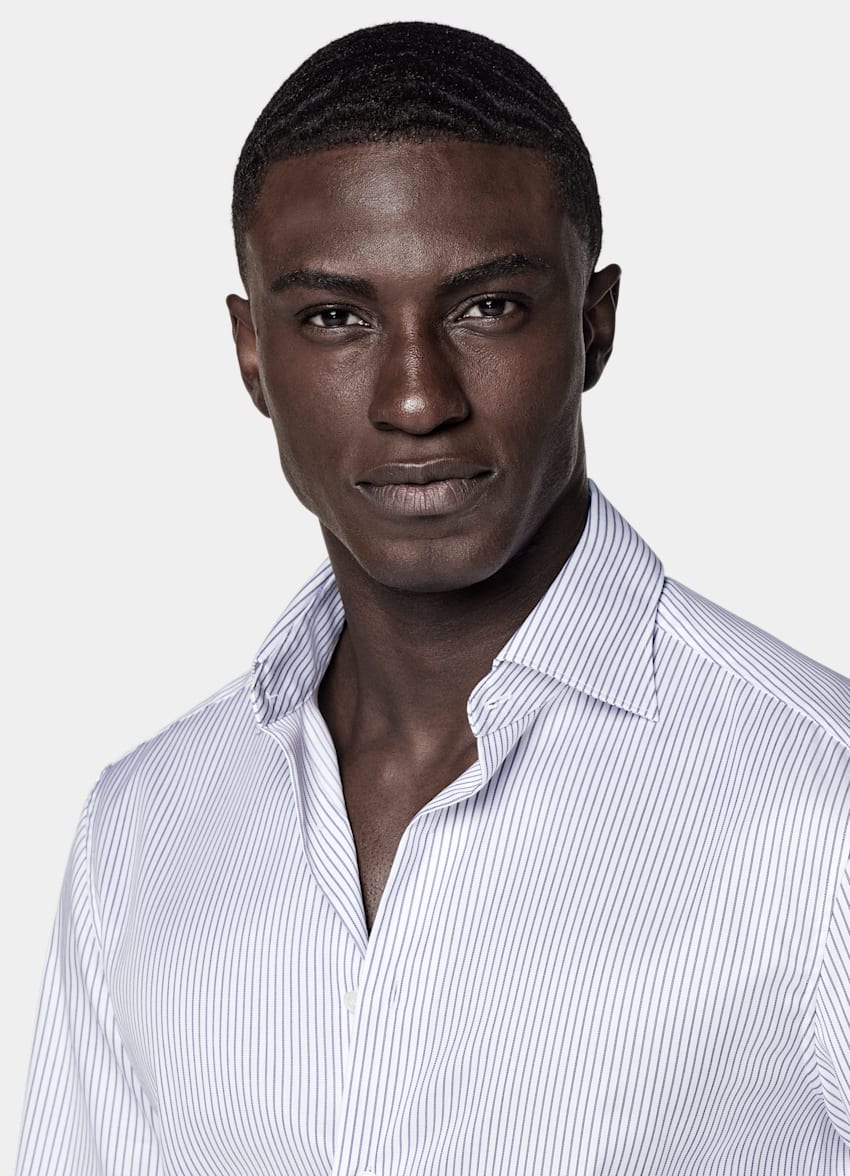 SUITSUPPLY Pima Cotton Traveller by Weba, Switzerland Navy Striped Twill Tailored Fit Shirt