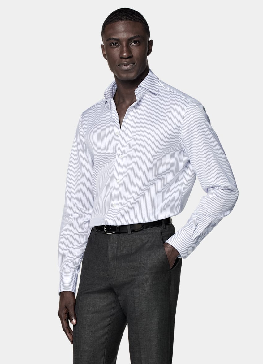 SUITSUPPLY Pima Cotton Traveller by Weba, Switzerland Navy Striped Twill Tailored Fit Shirt