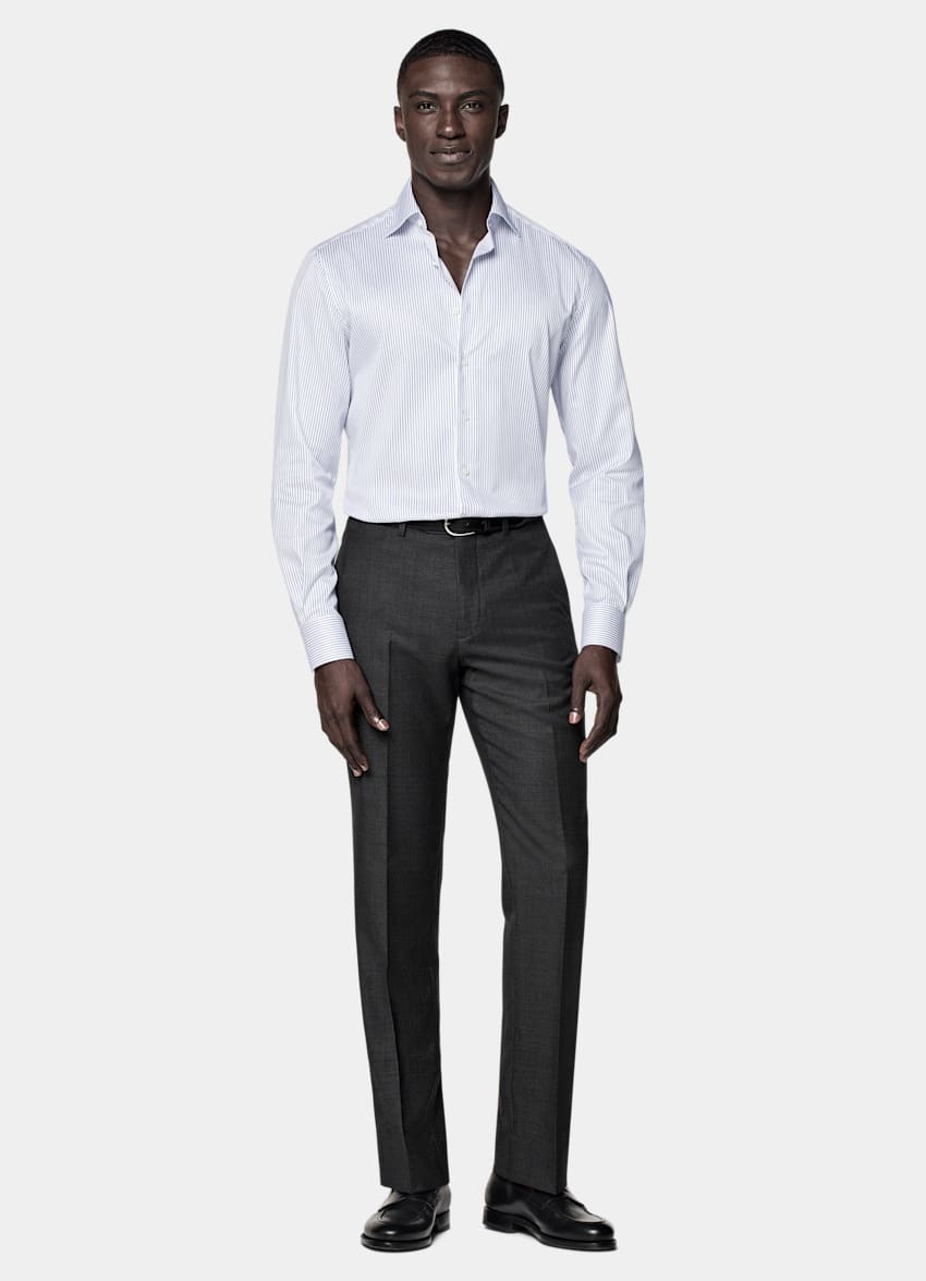 SUITSUPPLY Pima Cotton Traveller by Weba, Switzerland Navy Striped Twill Tailored Fit Shirt