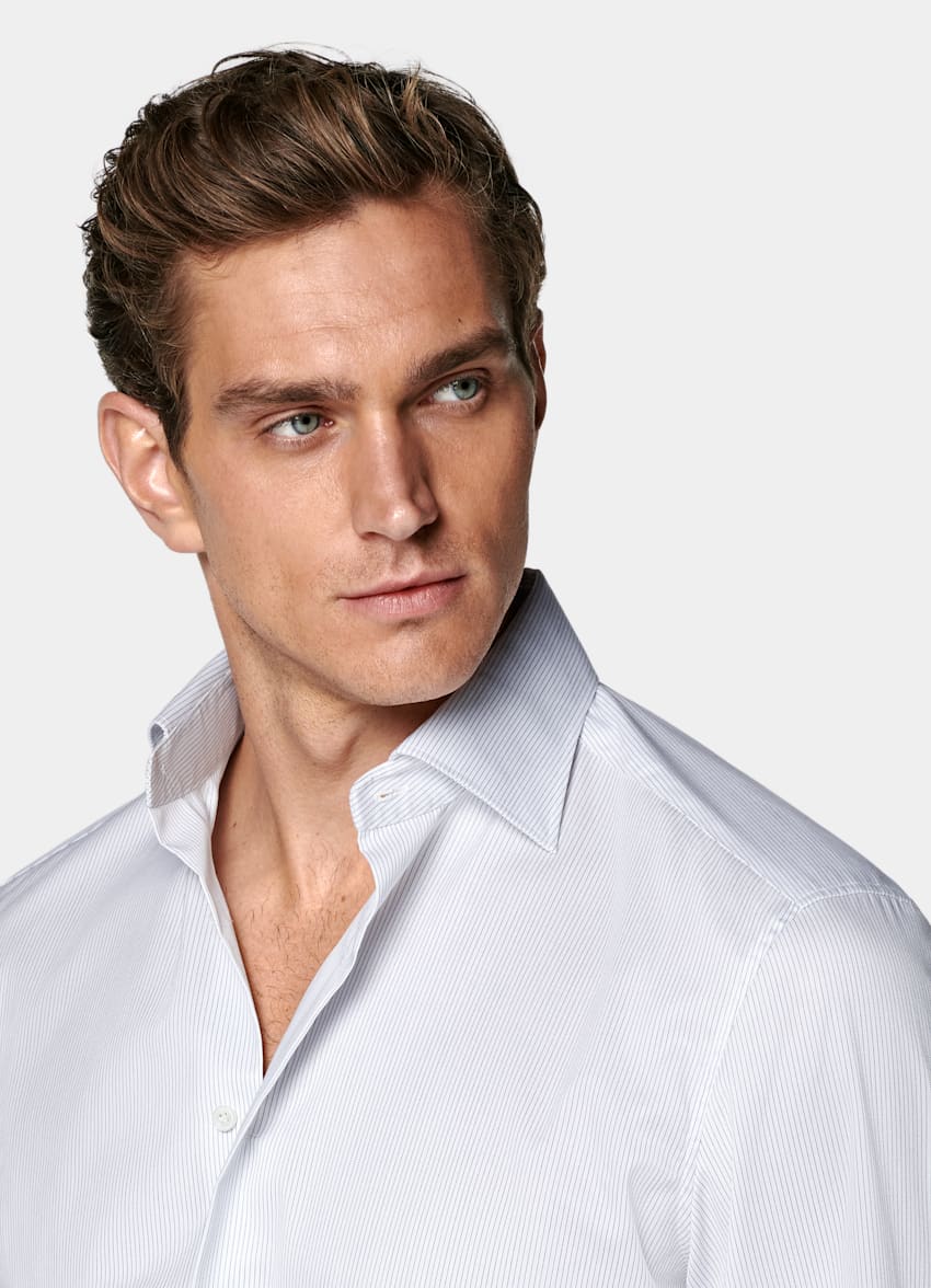 SUITSUPPLY Pima Cotton Traveller by Weba, Switzerland White Striped Twill Tailored Fit Shirt