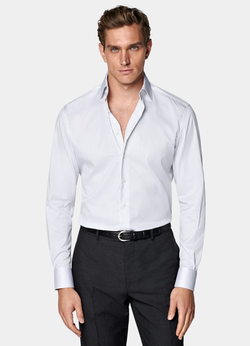 SUITSUPPLY Pima Cotton Traveller by Weba, Switzerland White Striped Twill Tailored Fit Shirt