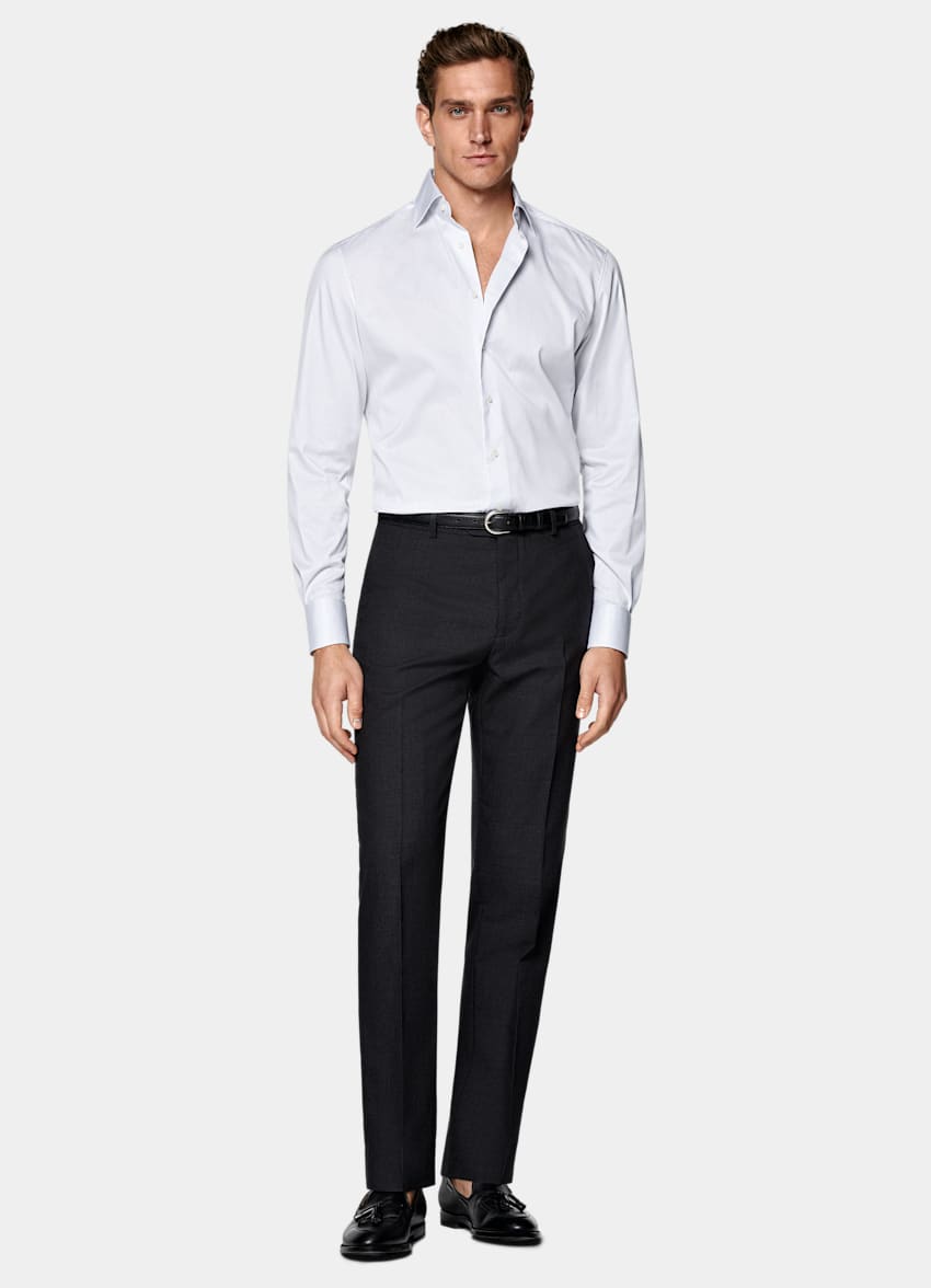 SUITSUPPLY Pima Cotton Traveller by Weba, Switzerland White Striped Twill Tailored Fit Shirt