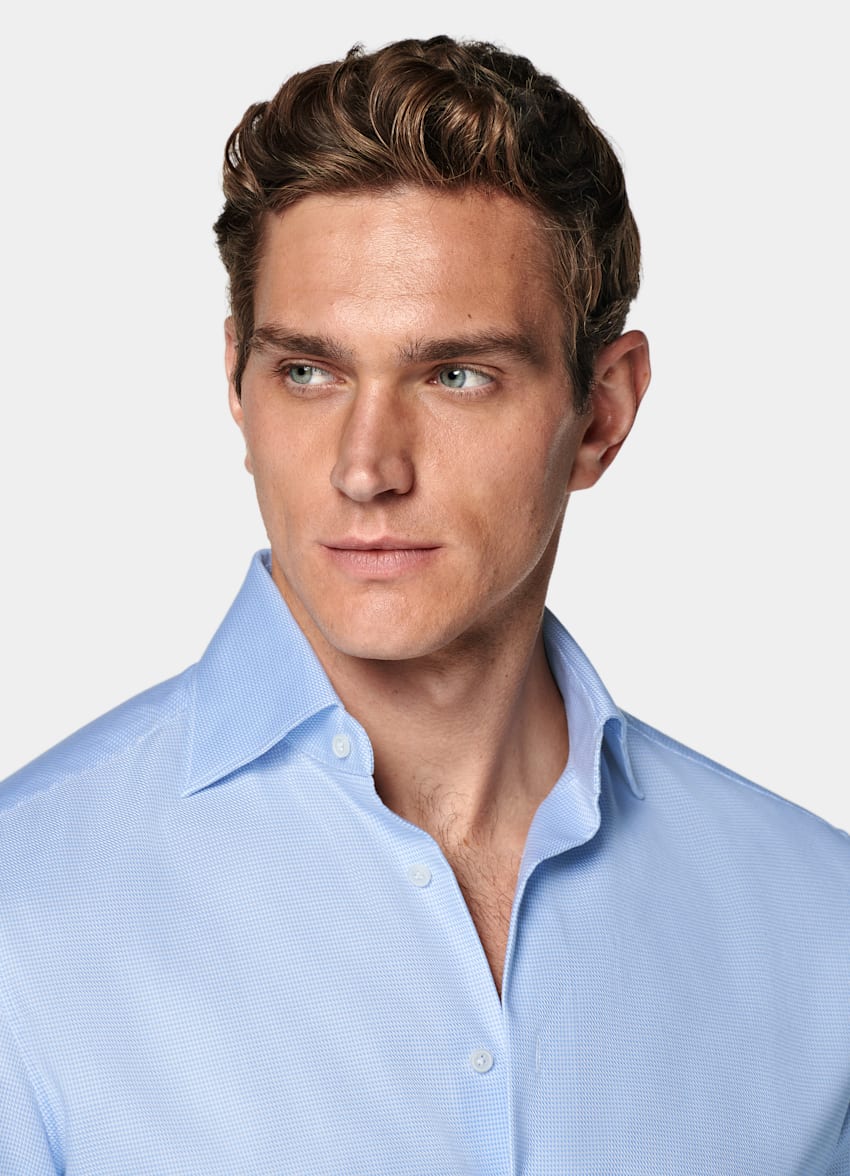 SUITSUPPLY Pima Cotton Traveller by Weba, Switzerland Light Blue Houndstooth Houndstooth Tailored Fit Shirt