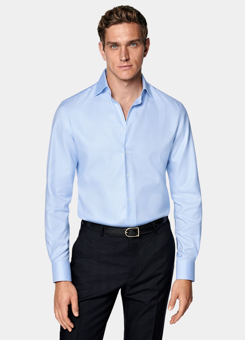 SUITSUPPLY Pima Cotton Traveller by Weba, Switzerland Light Blue Houndstooth Houndstooth Tailored Fit Shirt